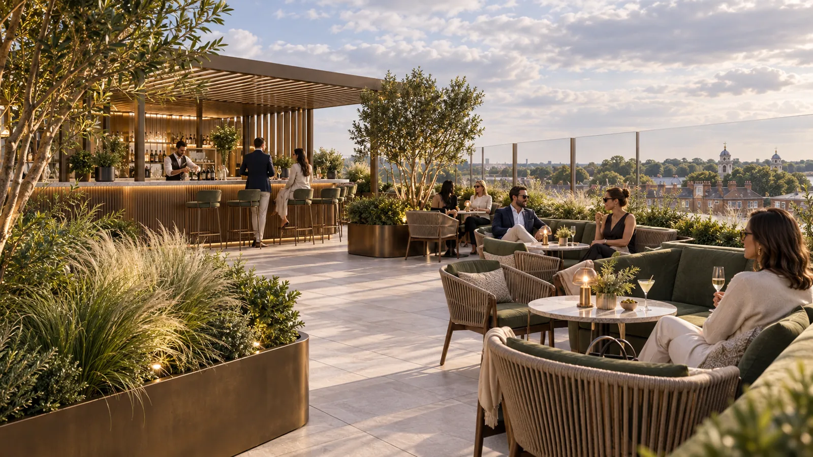 Concept visual of the proposed rooftop garden terrace and bar at The Royal Hill, looking towards the Old Royal Naval College